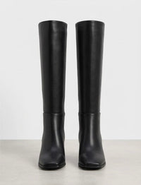 Boohoo Black Square Toe Block Heel Knee-High Boots