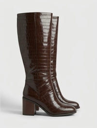 Boohoo Wide Fit Brown Croc-Effect Block Heel Knee-High Boots