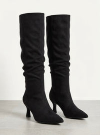 Boohoo Wide Fit Black Suede-Effect Slouch Knee-High Mid Heel Boots