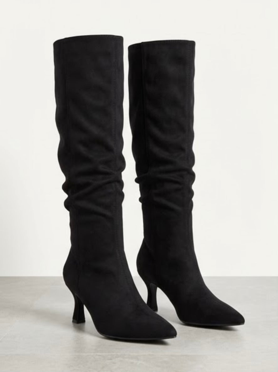 Boohoo Wide Fit Black Suede-Effect Slouch Knee-High Mid Heel Boots