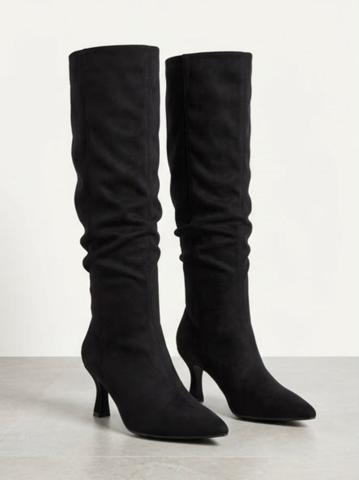 Boohoo Wide Fit Black Suede-Effect Slouch Knee-High Mid Heel Boots
