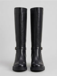 Boohoo Black Knee-High Gold Buckle Riding Boots
