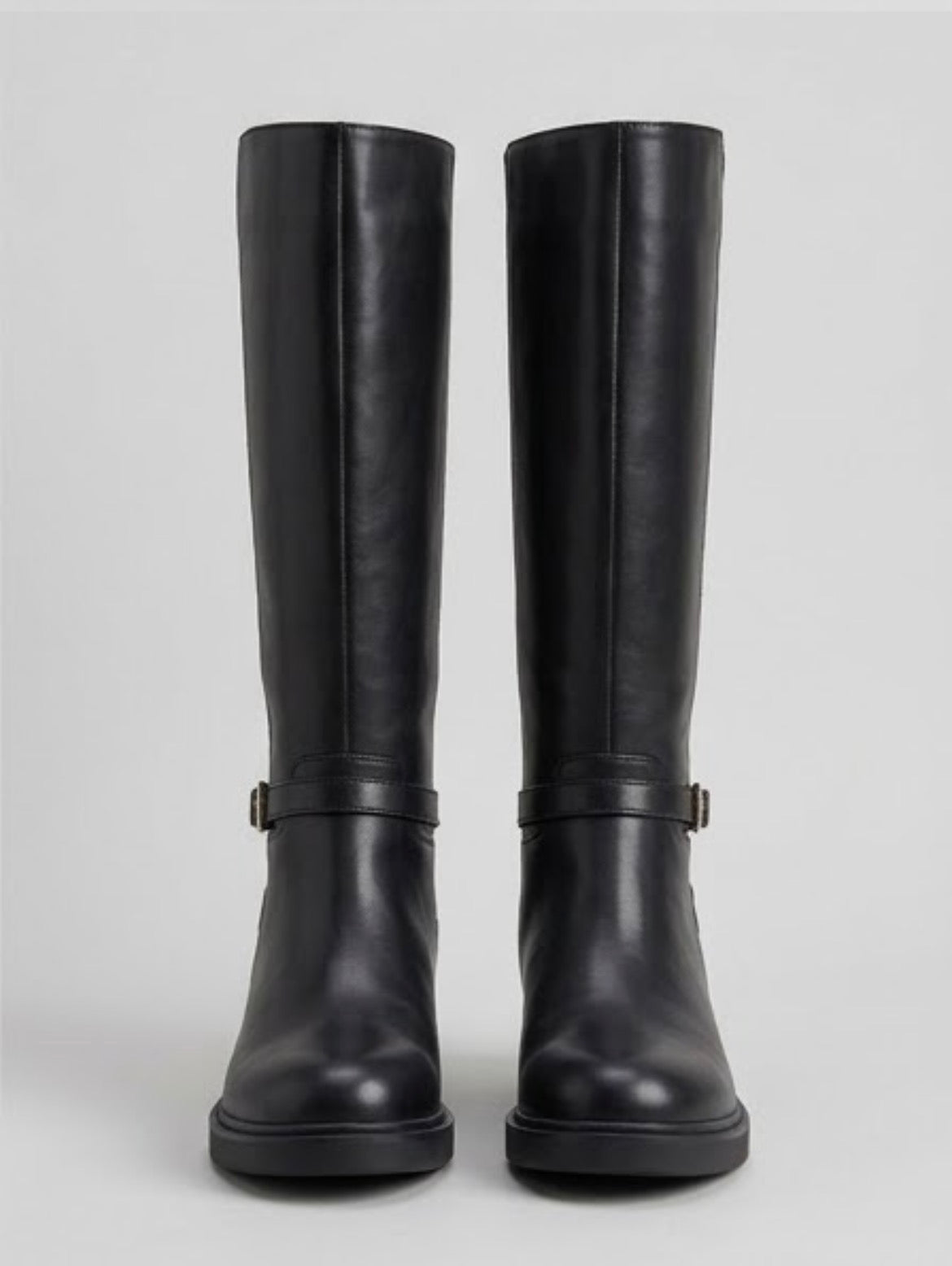 Boohoo Black Knee-High Gold Buckle Riding Boots