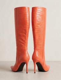 Pretty Little Thing Orange Croc-Effect Knee-High Stiletto Boots