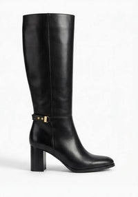 Primark Black Block Heel Knee-High Boots with Gold Buckle