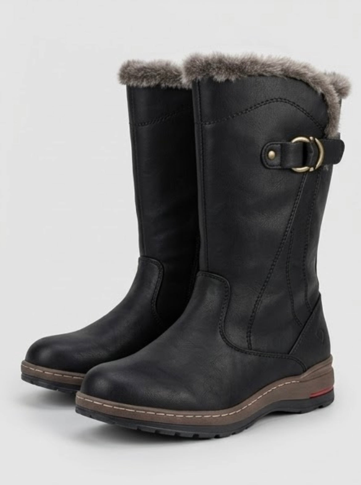 Heavenly Feet Black Fur-Lined Buckle Mid-Calf Boots