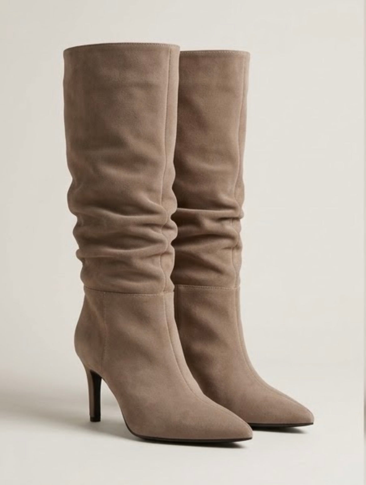 Boohoo Taupe Suede Slouch Knee-High Stiletto Boots, angled view
