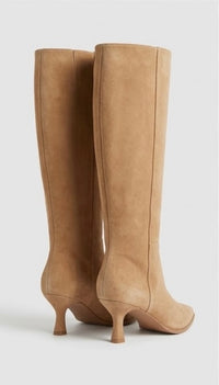 Boohoo Camel Suede-Effect Knee-High Kitten Heel Boots