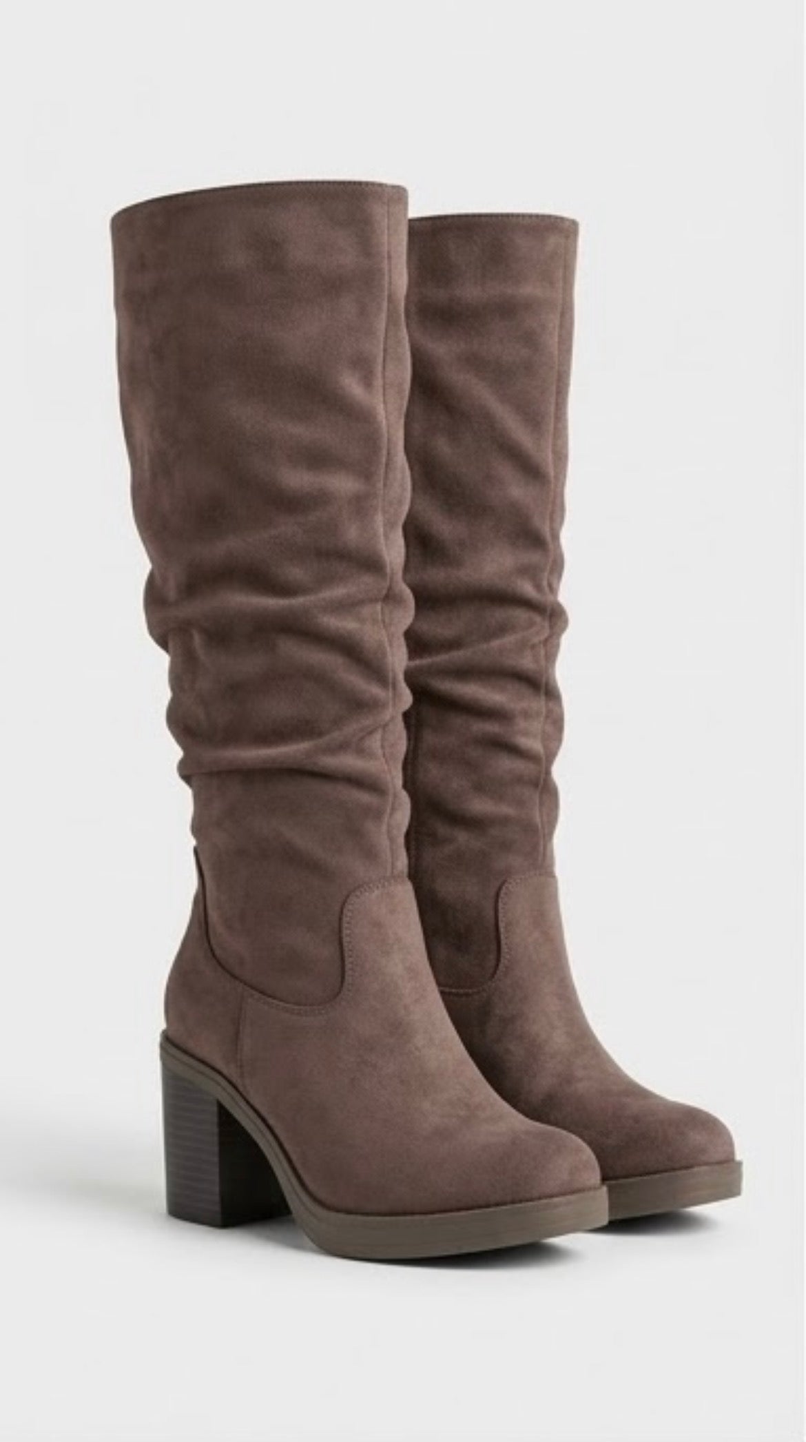 Pretty Little Thing Taupe Suede-Effect Slouch Block Heel Boots