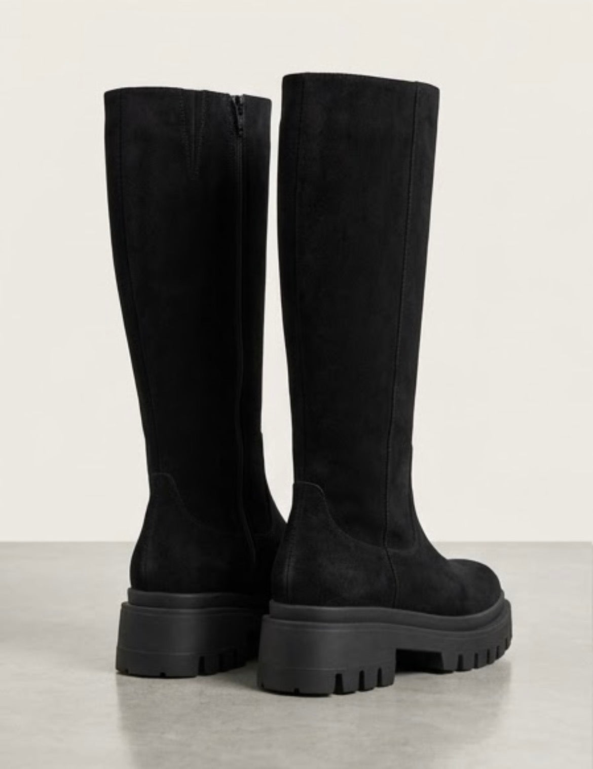 Boohoo Wide Fit Black Suede-Effect Knee-High Chunky Cleated Sole Boots