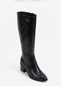 Boohoo Wide Fit Black Croc-Effect Almond Toe Block Heel Knee-High Boots