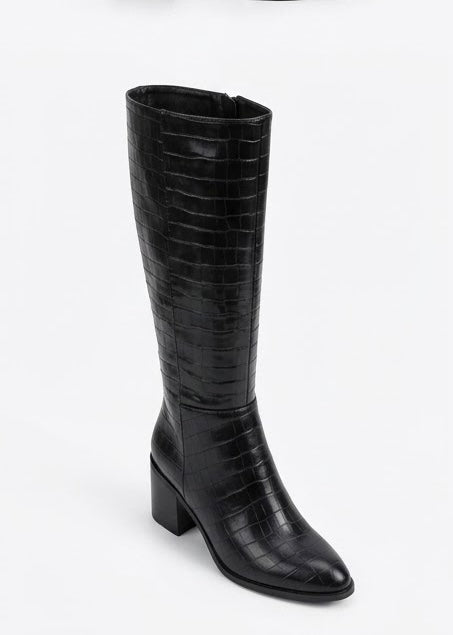 Boohoo Wide Fit Black Croc-Effect Almond Toe Block Heel Knee-High Boots
