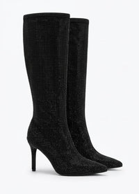 Mint Velvet Black Diamanté Embellished Stiletto Knee-High Boots
