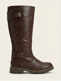 Lotus Dark Brown Knee-High Buckle Biker Boots