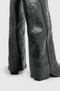 Black Embroidered Fold-Over Western Knee-High Boots