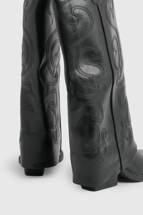 Black Embroidered Fold-Over Western Knee-High Boots