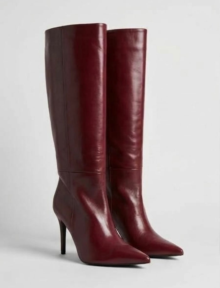 Boohoo Burgundy Pointed Stiletto Knee-High Boots