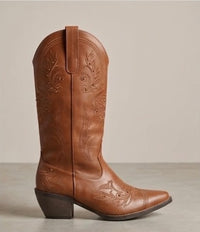 Boohoo Tan Embroidered Cowboy Boots
