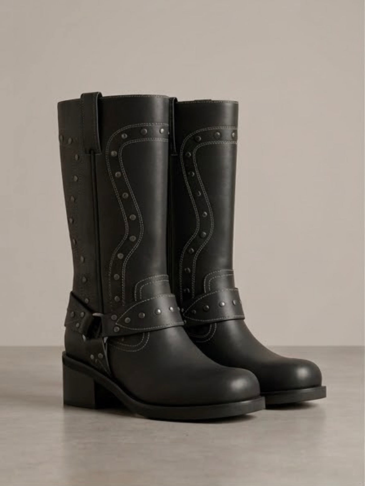 River Island Black Studded Harness Biker Boots