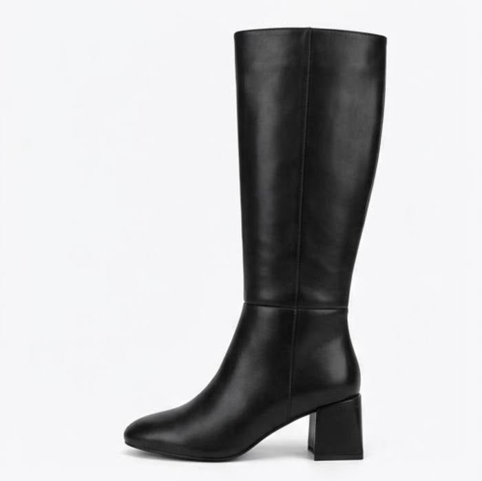 Boohoo Black Square Toe Block Heel Knee-High Boots