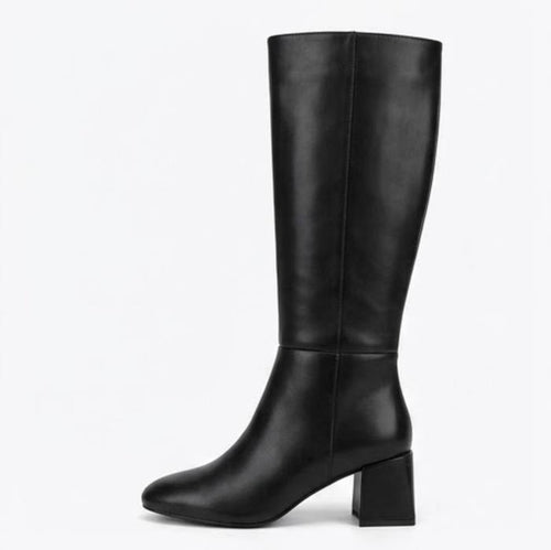 Boohoo Black Square Toe Block Heel Knee-High Boots