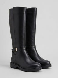 Boohoo Black Knee-High Gold Buckle Riding Boots