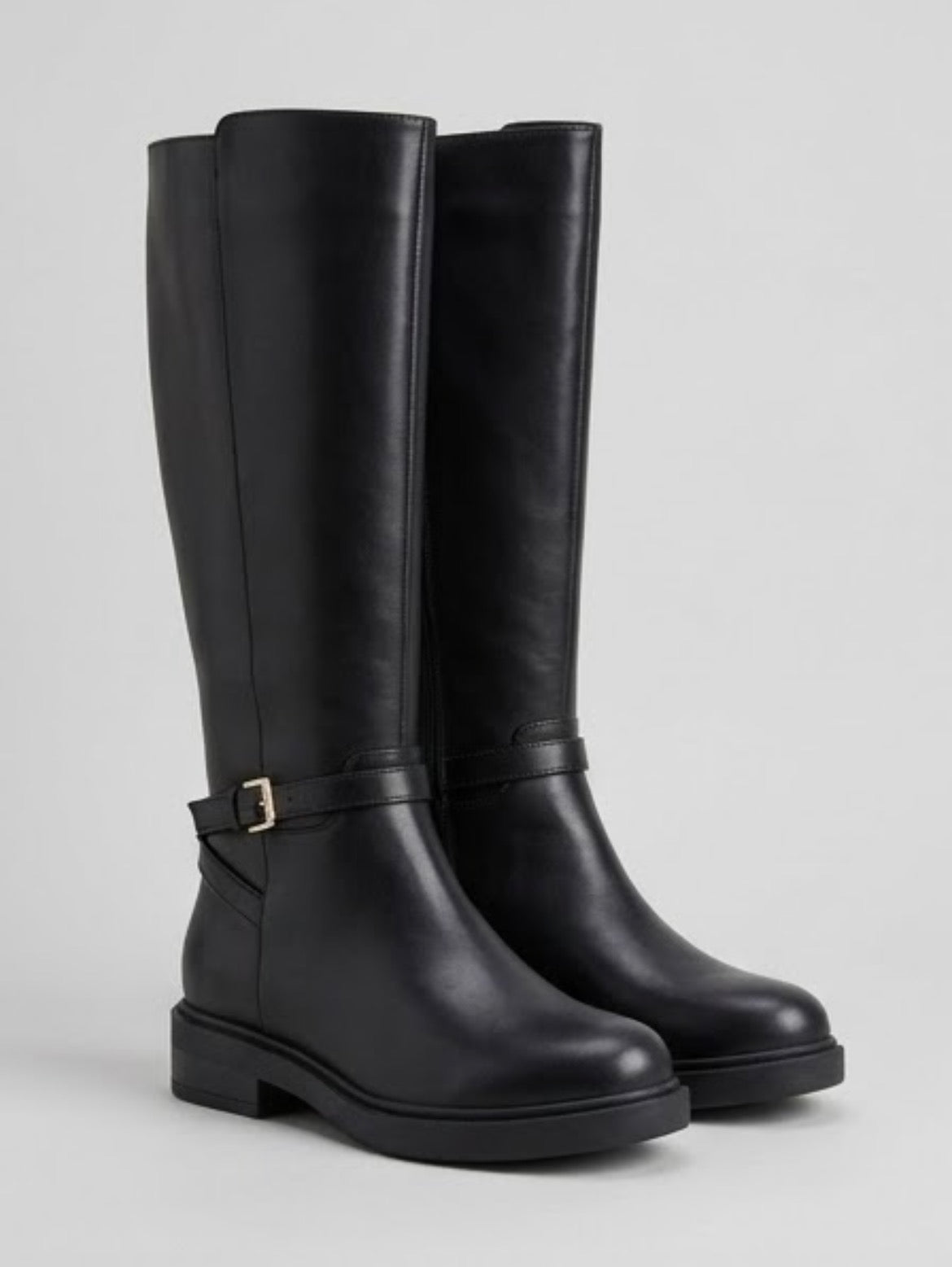 Boohoo Black Knee-High Gold Buckle Riding Boots