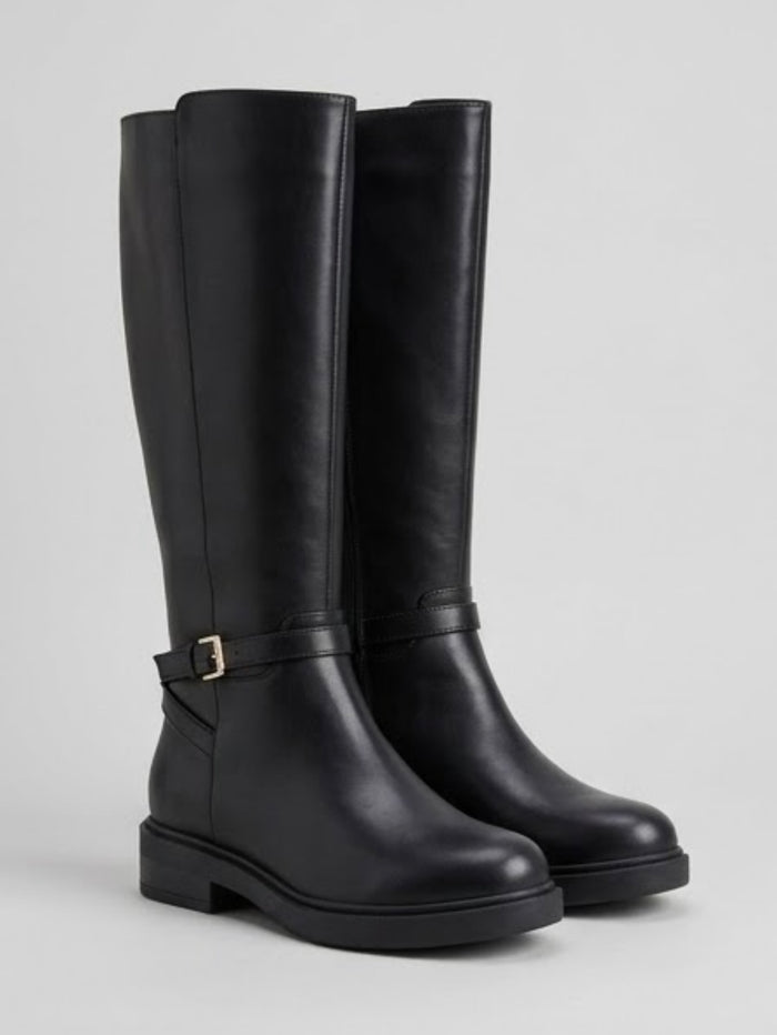 Boohoo Black Knee-High Gold Buckle Riding Boots
