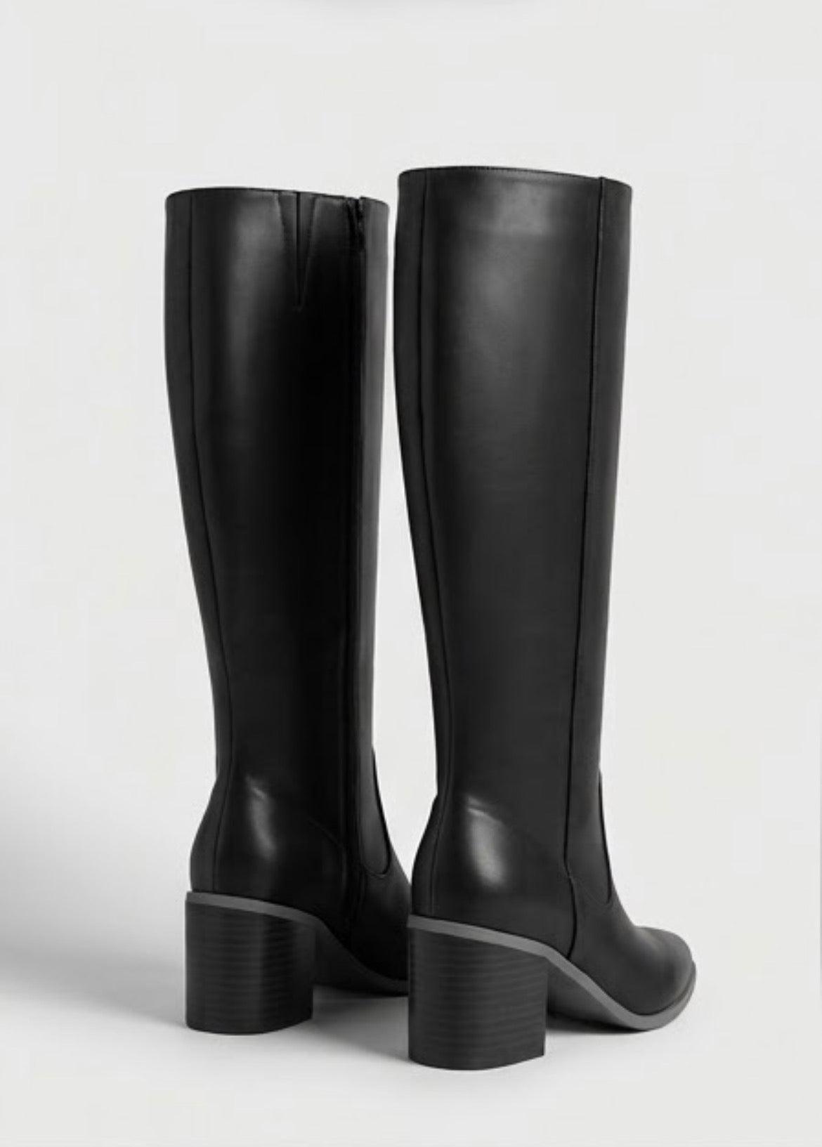 Boohoo Black Knee-High Stacked Block Heel Boots, back view