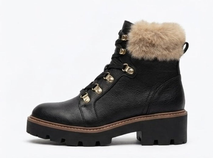 River Island Black Lace-Up Hiker Boots with Faux-Fur Cuff