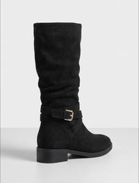 Oasis Black Suede-Effect Slouch Buckle Strap Boots