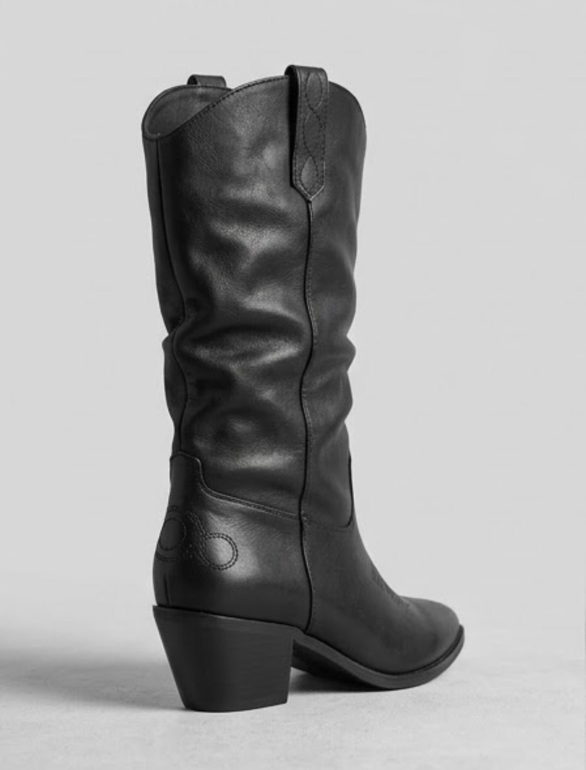 Boohoo Black Slouch Mid-Calf Cowboy Boots, back view