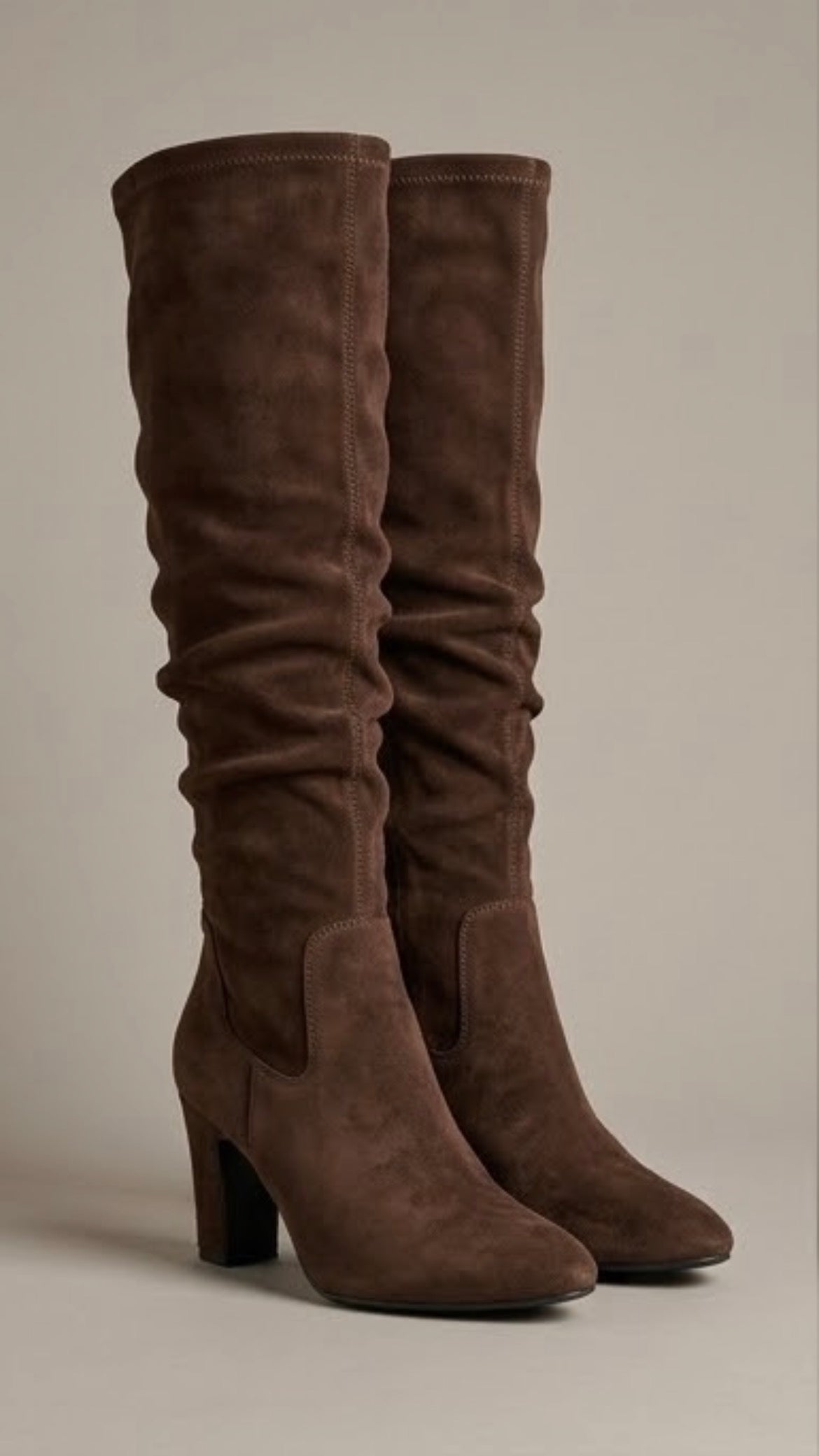 Dune Brown Suede-Effect Slouch Block Heel Boots