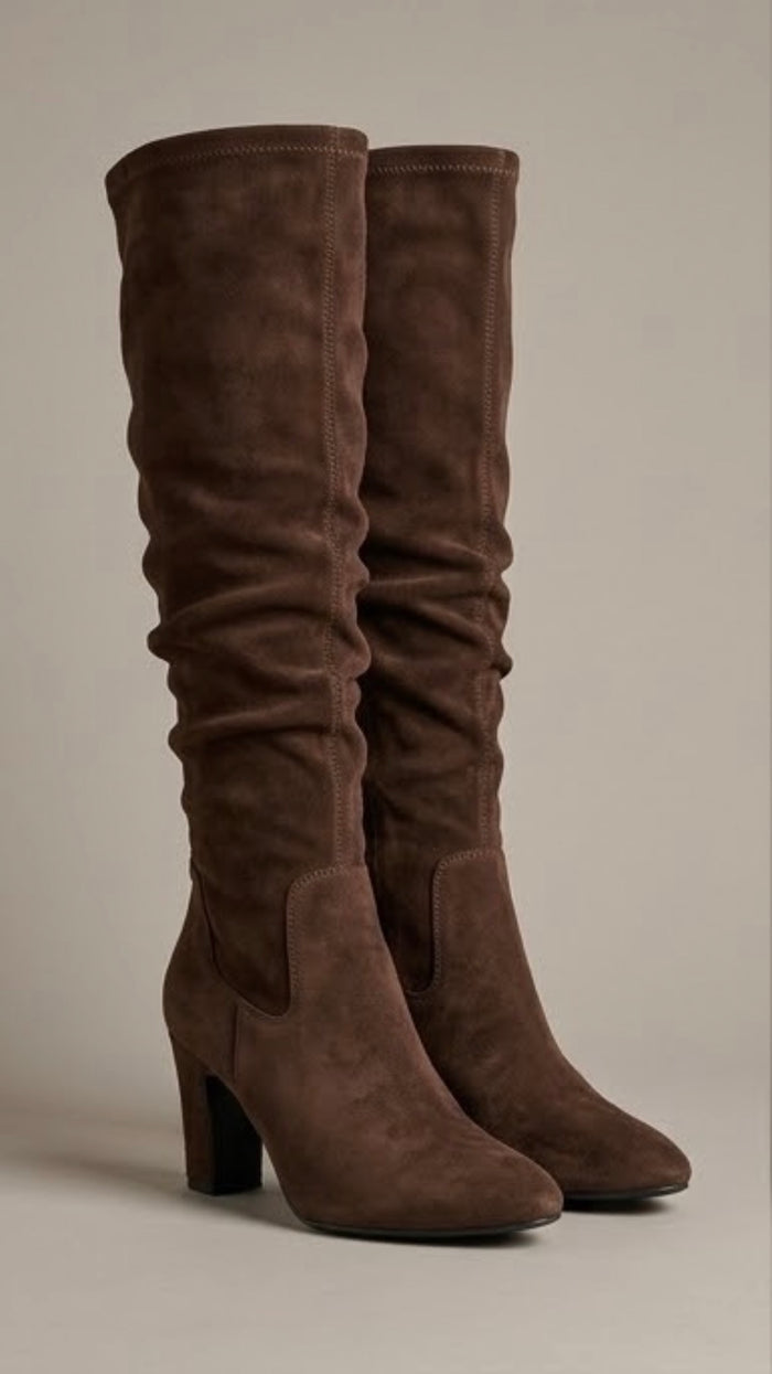 Dune Brown Suede-Effect Slouch Block Heel Boots