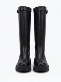 Boohoo Black Chunky Knee-High Boots with Buckle