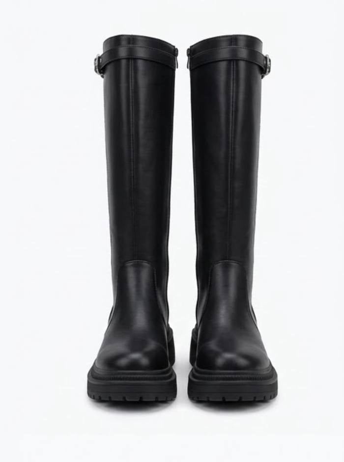 Boohoo Black Chunky Knee-High Boots with Buckle
