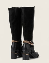 River Island Black Knee-High Block Heel Boots with Gold Chain