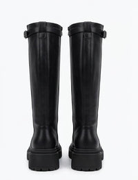 Boohoo Black Chunky Knee-High Boots with Buckle