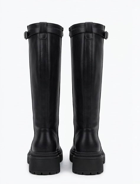 Boohoo Black Chunky Knee-High Boots with Buckle