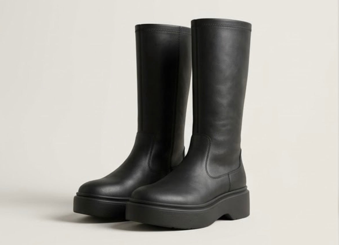 Linzi Black Chunky Sole Mid-Calf Pull-On Boots