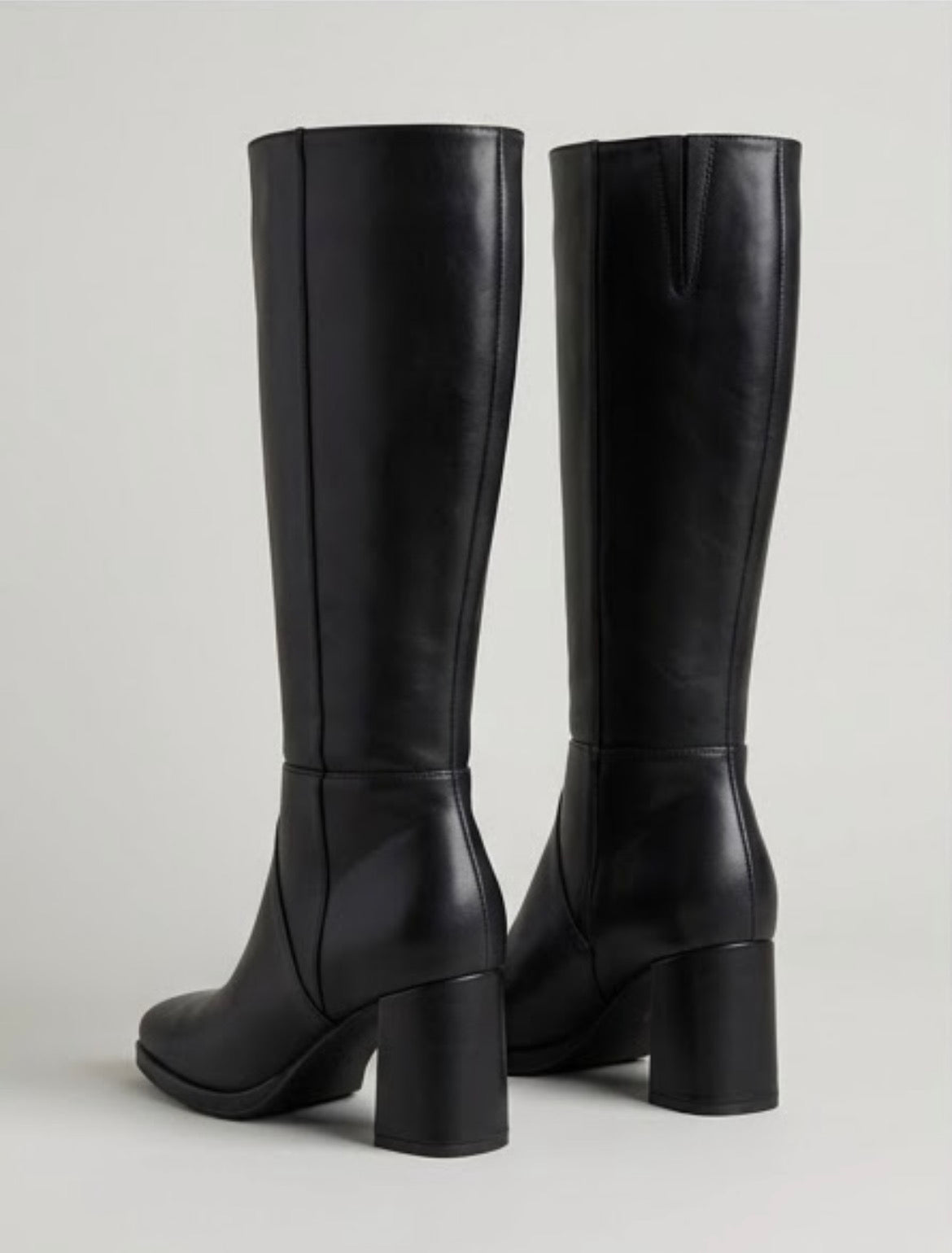 Boohoo Black Square Toe Knee-High Block Heel Boots, back view
