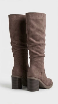 Pretty Little Thing Taupe Suede-Effect Slouch Block Heel Boots