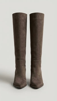 Boohoo Dark Taupe Suede-Effect Knee-High Block Heel Boots