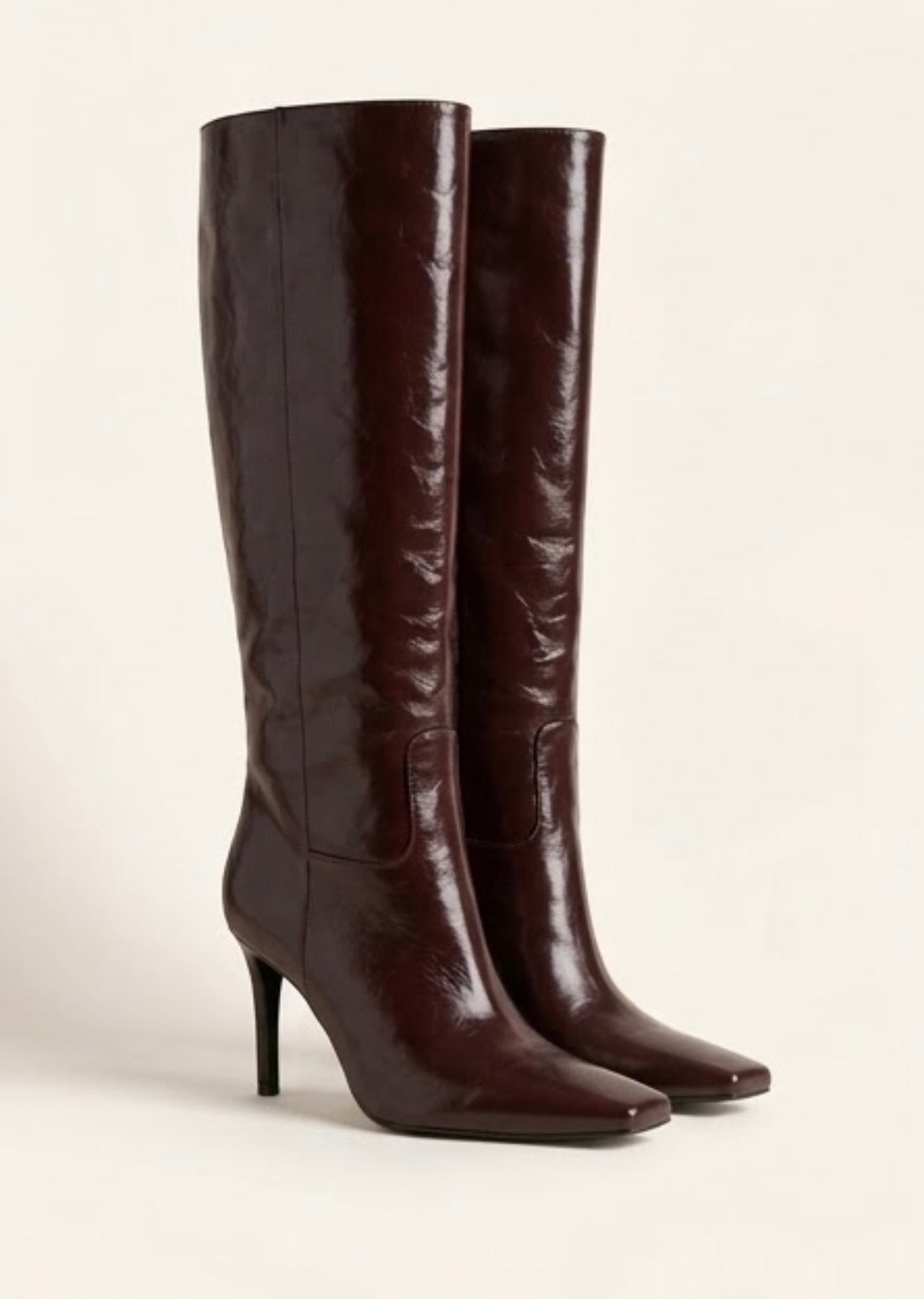 Primark Dark Brown Patent Square Toe Knee-High Stiletto Boots