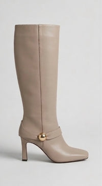 River Island Stone Square Toe Knee-High Heeled Boots with Gold Trim