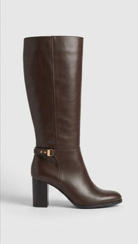 Primark Brown Knee-High Gold Buckle Block Heel Boots
