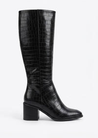Boohoo Wide Fit Black Croc-Effect Almond Toe Block Heel Knee-High Boots