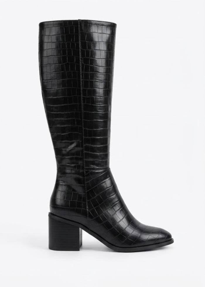 Boohoo Wide Fit Black Croc-Effect Almond Toe Block Heel Knee-High Boots