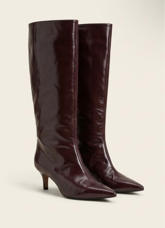 River Island Burgundy Patent Knee-High Kitten Heel Boots