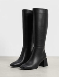 Boohoo Black Square Toe Block Heel Knee-High Boots